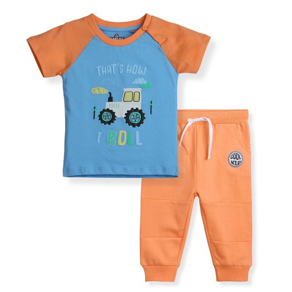Bambino West 100% Organic Cotton Baby Boys Clothing Set Half Sleeve T-Shirts (Blue&Orange) with Causal Joggers(Orange)