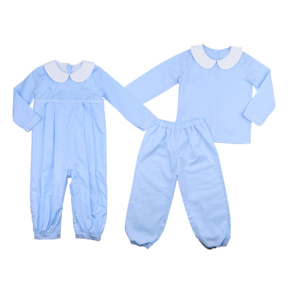 Monogrammed light blue woven 100%cotton children boys pants set winter long sleeve collared babies toddler boy clothing sets