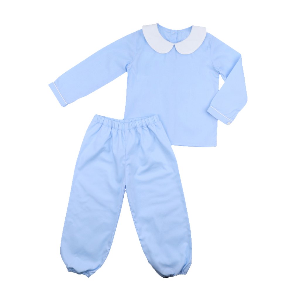 Monogrammed light blue woven 100%cotton children boys pants set winter long sleeve collared babies toddler boy clothing sets