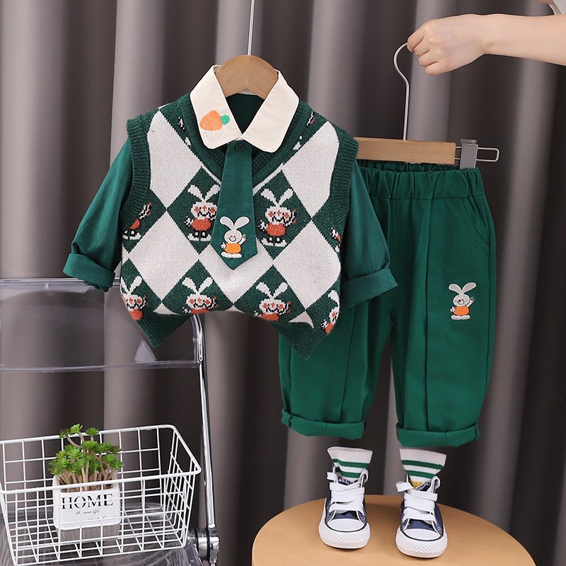 High Quality Korean Preppy Style Girls Clothing Set Spring Autumn Casual Rabbit Pattern Decorative Tie Sweater-Vest Pants Set