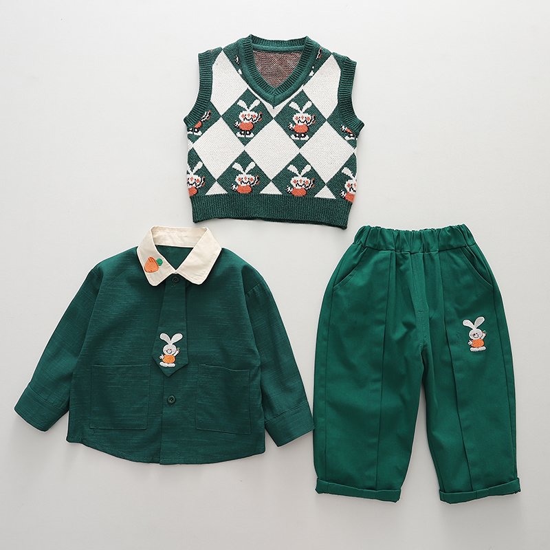 High Quality Korean Preppy Style Girls Clothing Set Spring Autumn Casual Rabbit Pattern Decorative Tie Sweater-Vest Pants Set