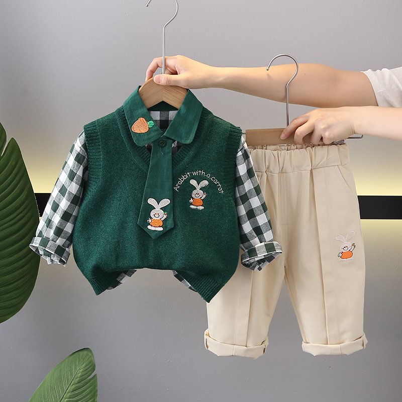 High Quality Korean Preppy Style Girls Clothing Set Spring Autumn Casual Rabbit Pattern Decorative Tie Sweater-Vest Pants Set