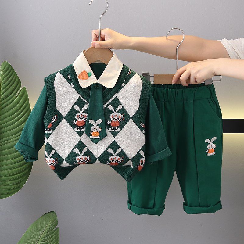 High Quality Korean Preppy Style Girls Clothing Set Spring Autumn Casual Rabbit Pattern Decorative Tie Sweater-Vest Pants Set