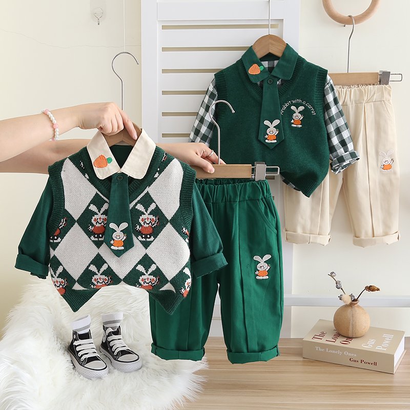High Quality Korean Preppy Style Girls Clothing Set Spring Autumn Casual Rabbit Pattern Decorative Tie Sweater-Vest Pants Set