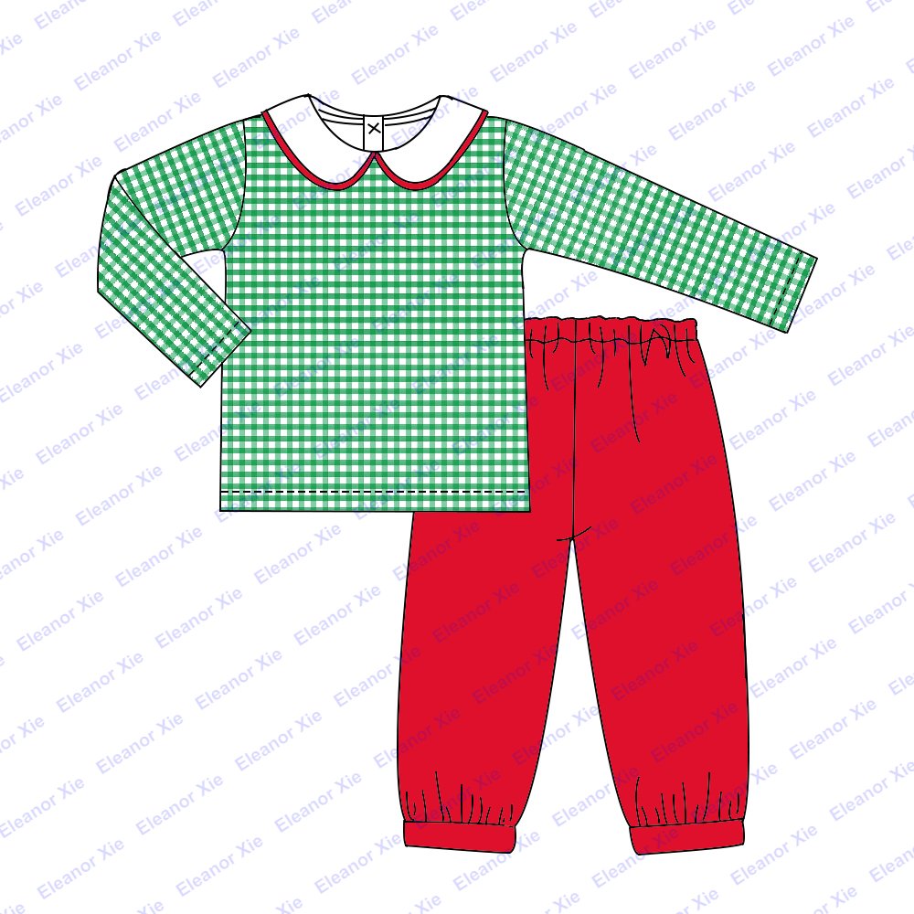 New arrival green check cotton monogram toddler baby boys clothing pant sets matching Christmas kids boys clothing for 2-12