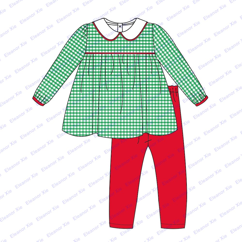 New arrival green check cotton monogram toddler baby boys clothing pant sets matching Christmas kids boys clothing for 2-12