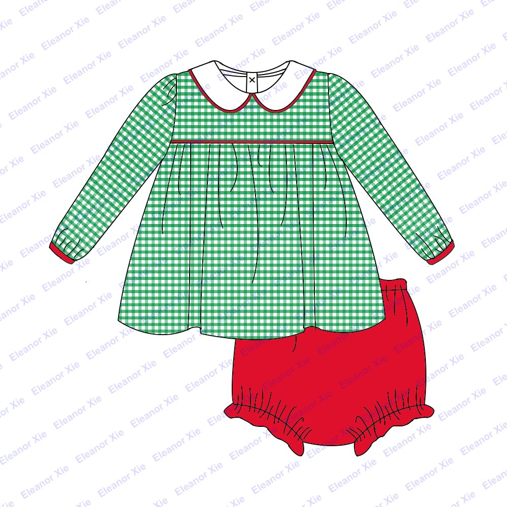 New arrival green check cotton monogram toddler baby boys clothing pant sets matching Christmas kids boys clothing for 2-12