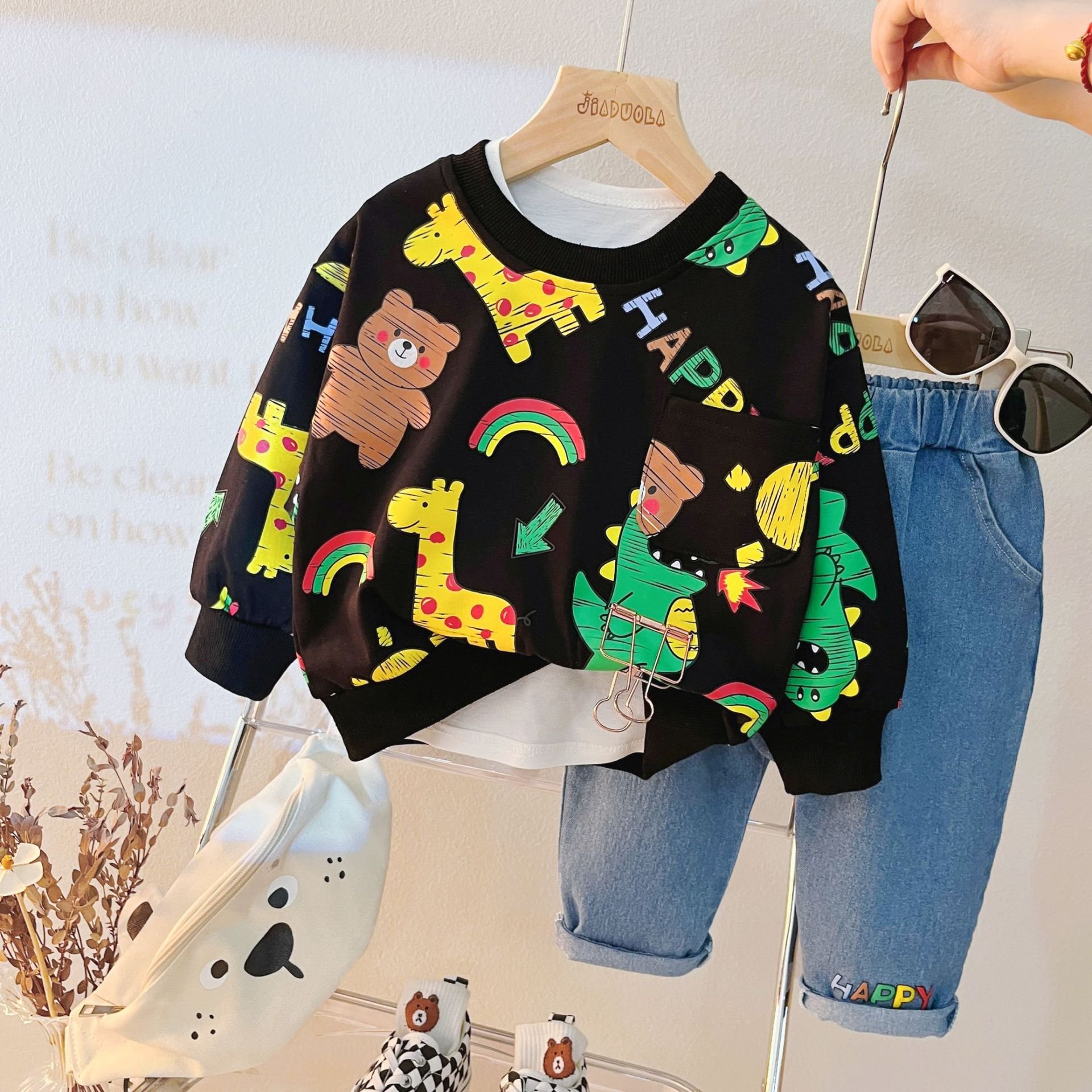 children's clothes manufacturer baby clothes 2023 kids sweatsuit sets Bear pattern 2 piece kids set Rainbow Pony Hoodie jeans