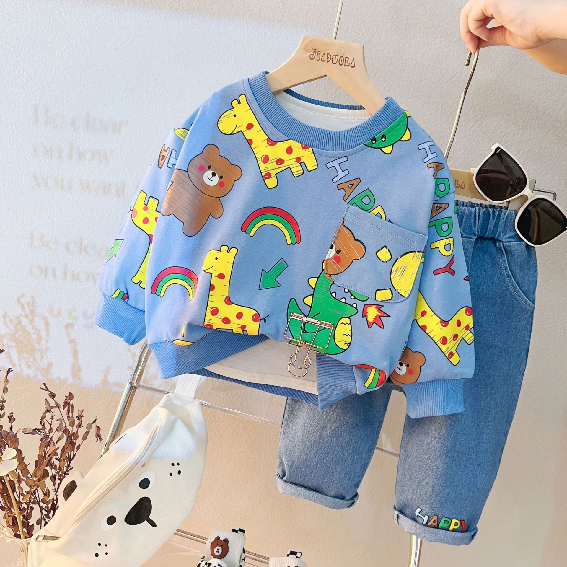 children's clothes manufacturer baby clothes 2023 kids sweatsuit sets Bear pattern 2 piece kids set Rainbow Pony Hoodie jeans