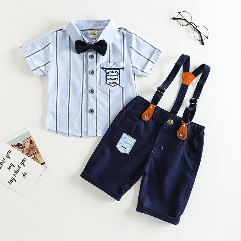 Hot Sale Kids Clothing Gentleman Suit Shirt Overall Shorts 2pcs Striped Clothes Set