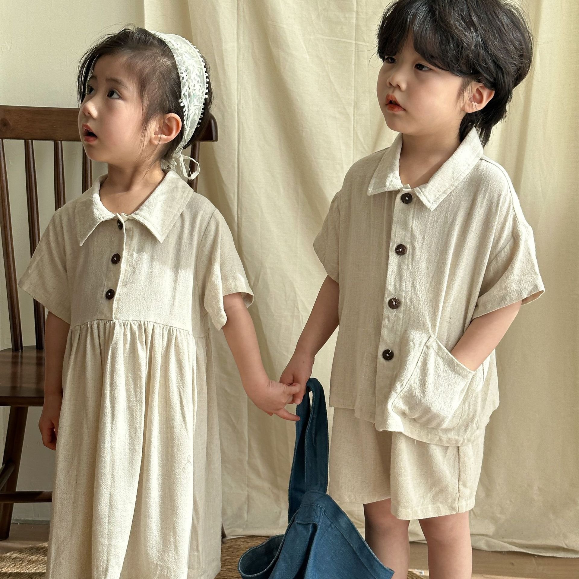 2024 summer baby boys and girls clothing sets linen short sleeves new styles baby girls dresses for siblings two piece suits