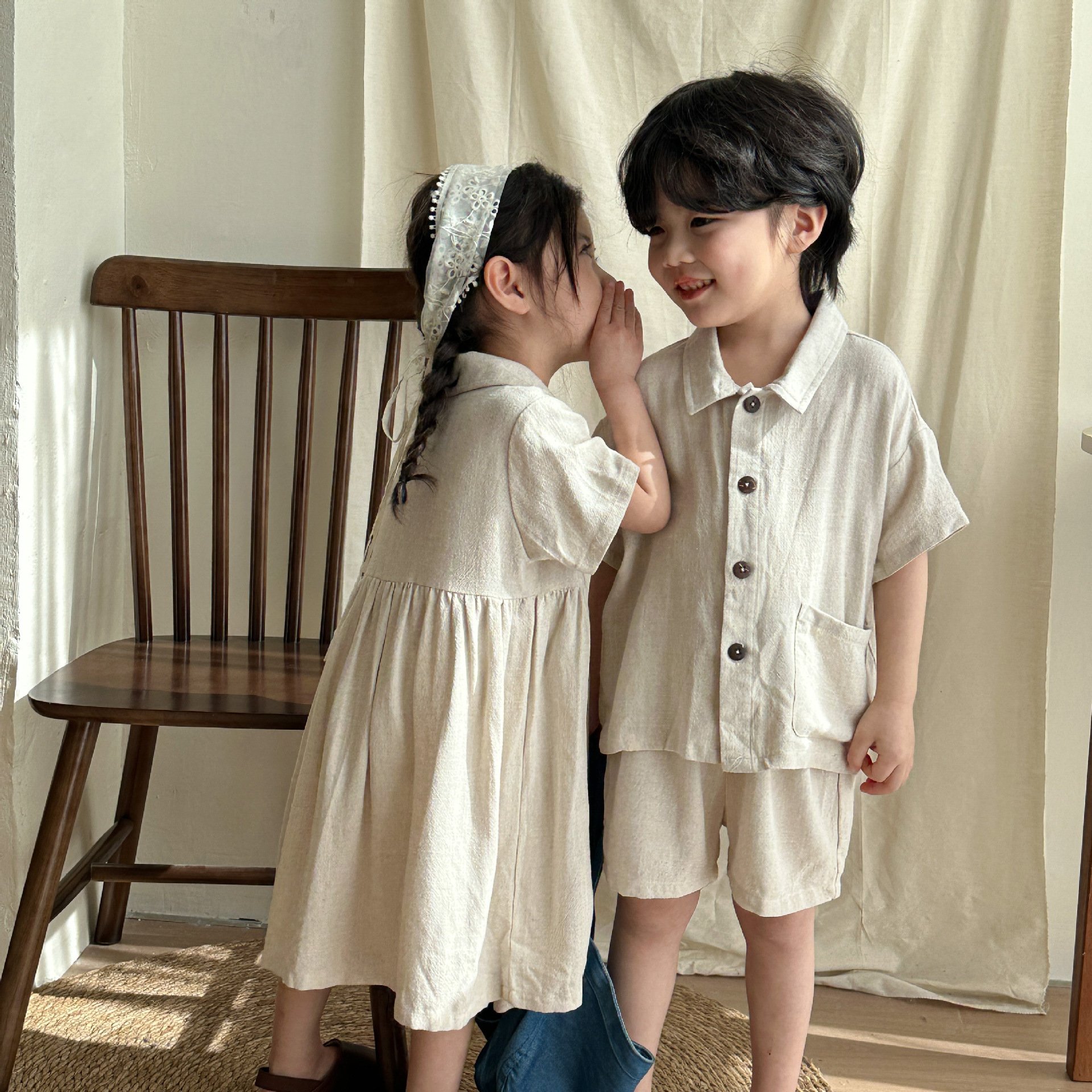 2024 summer baby boys and girls clothing sets linen short sleeves new styles baby girls dresses for siblings two piece suits
