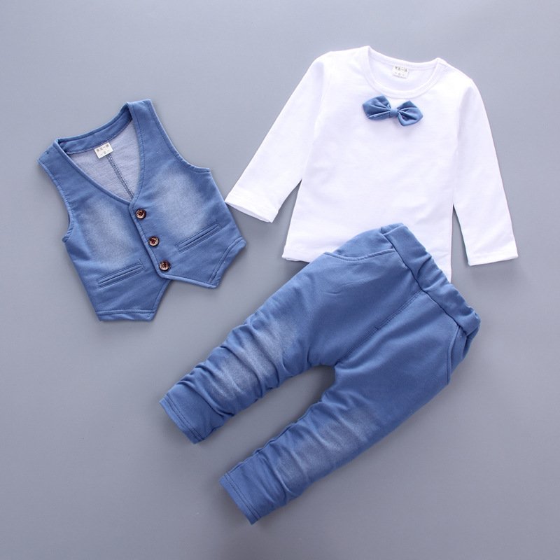 Hot sale Spring Autumn new fashion baby boy clothes 3pcs set denim style cotton with tie children clothing suit