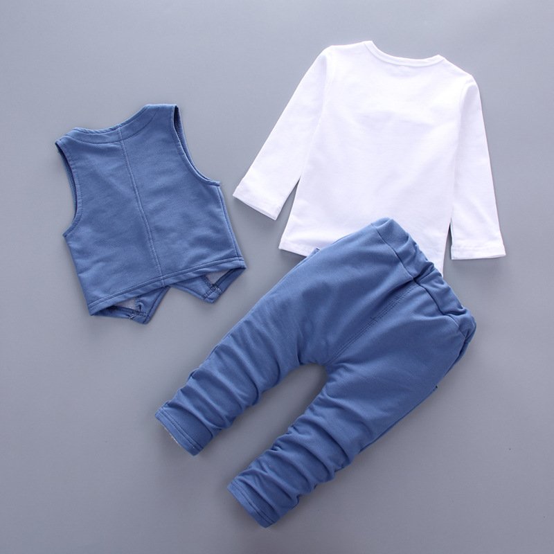 Hot sale Spring Autumn new fashion baby boy clothes 3pcs set denim style cotton with tie children clothing suit