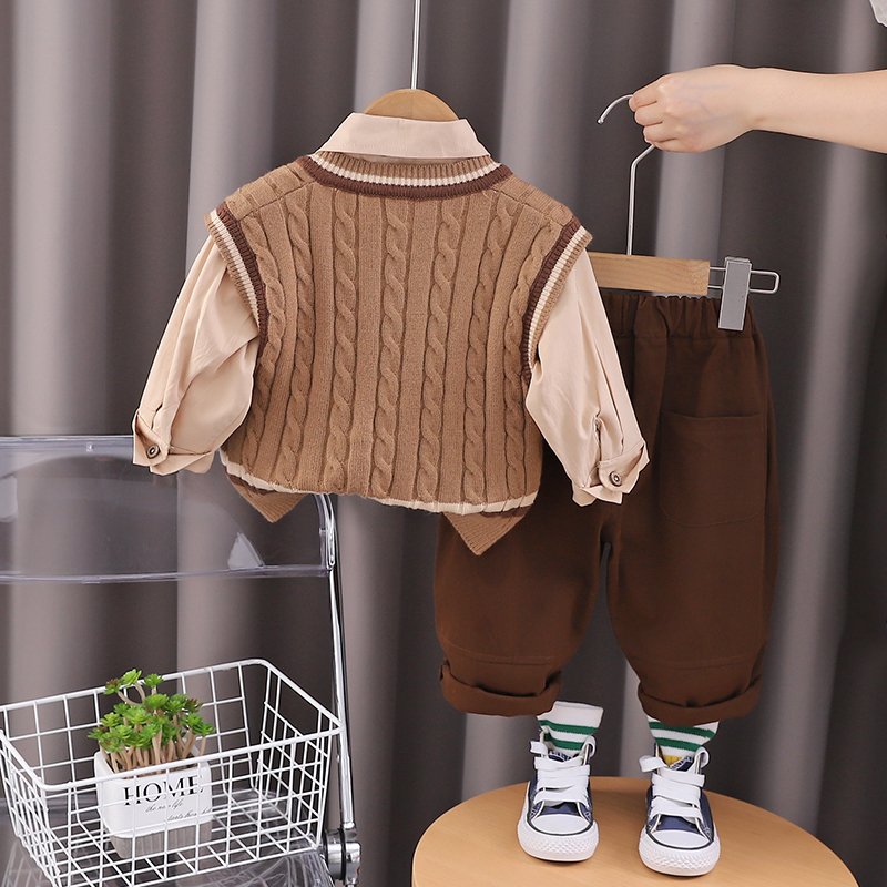 High Quality Korean Preppy Style 3pcs Clothing Set Boys Girls Spring Autumn Casual Knit Soft Decorative Tie Sweater-Vest Cartoon