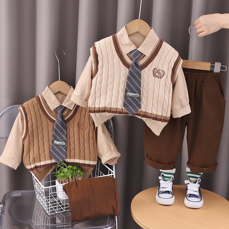 High Quality Korean Preppy Style 3pcs Clothing Set Boys Girls Spring Autumn Casual Knit Soft Decorative Tie Sweater-Vest Cartoon
