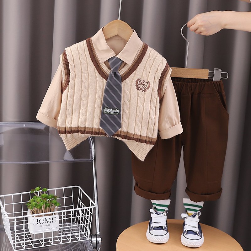 High Quality Korean Preppy Style 3pcs Clothing Set Boys Girls Spring Autumn Casual Knit Soft Decorative Tie Sweater-Vest Cartoon