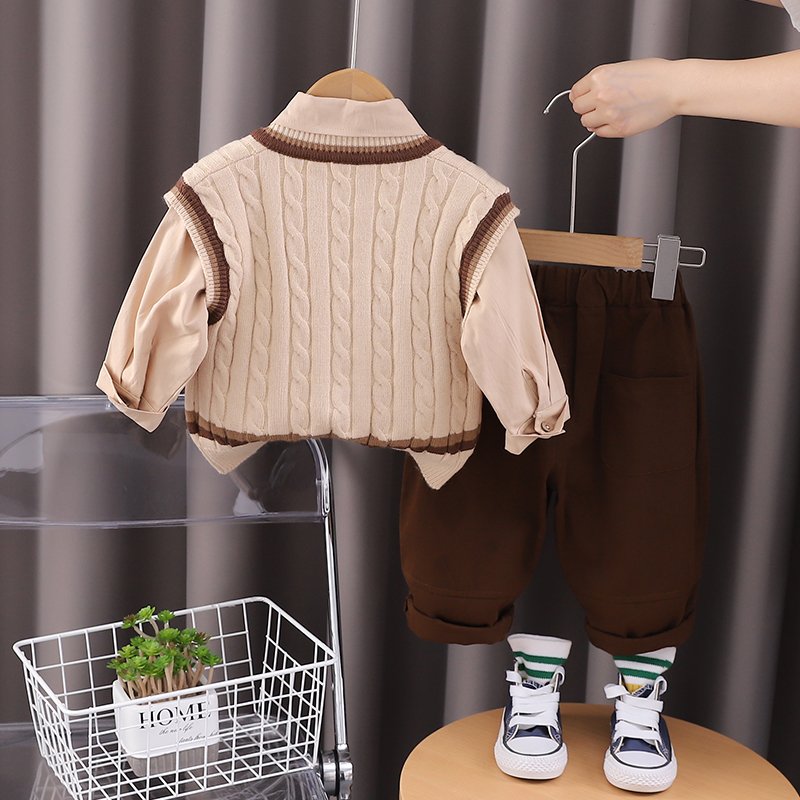 High Quality Korean Preppy Style 3pcs Clothing Set Boys Girls Spring Autumn Casual Knit Soft Decorative Tie Sweater-Vest Cartoon