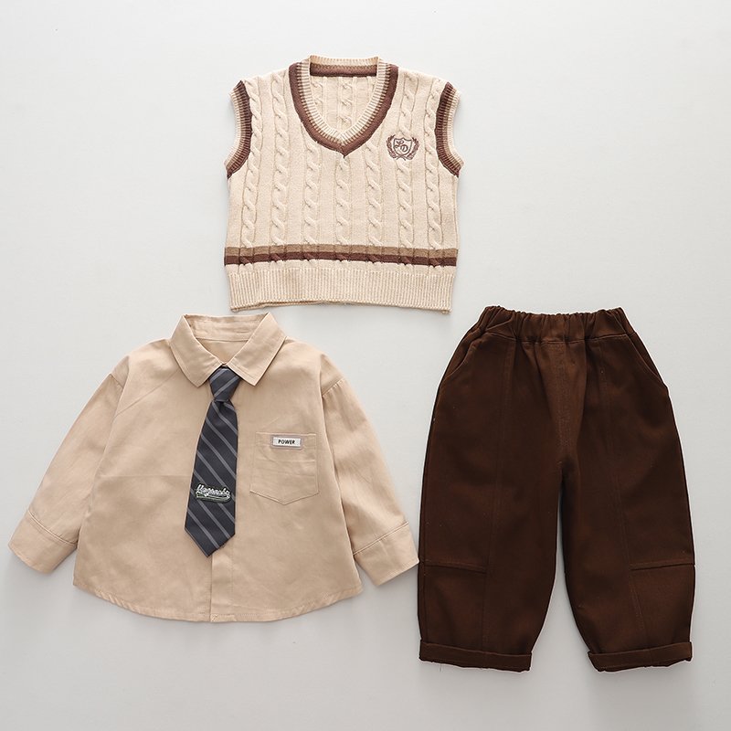 High Quality Korean Preppy Style 3pcs Clothing Set Boys Girls Spring Autumn Casual Knit Soft Decorative Tie Sweater-Vest Cartoon