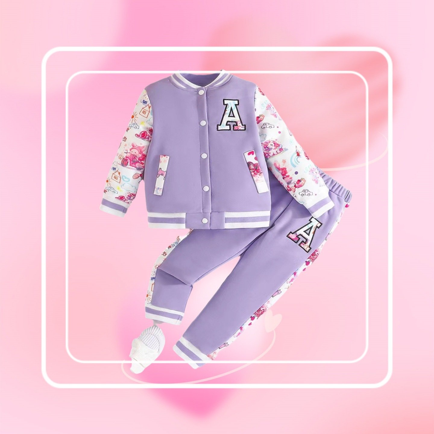Solid Color Long Sleeve Suit for Girls and Boys New Flower Printed Sleeve Stitching Casual Clothes