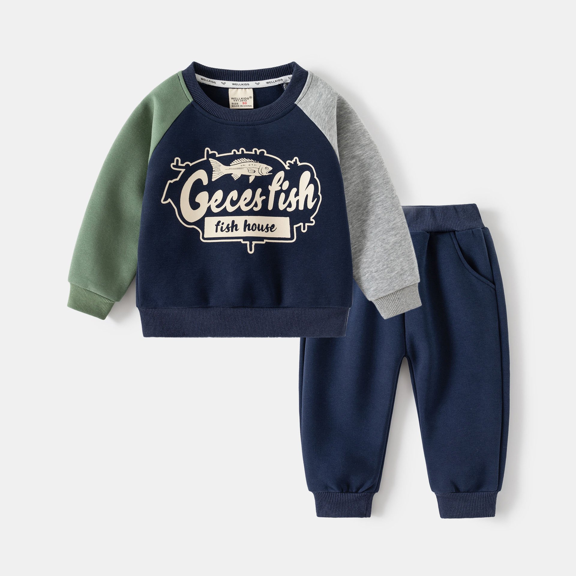 Kids Clothing Wholesale Spring Autumn Color Stitching Boys Clothing Set Crew Neck Sweatshirt Sweatpants 2Pcs Children's Clothing