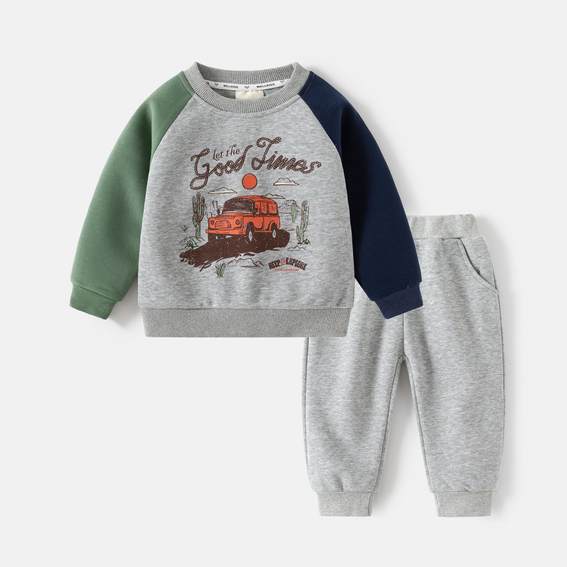 Kids Clothing Wholesale Spring Autumn Color Stitching Boys Clothing Set Crew Neck Sweatshirt Sweatpants 2Pcs Children's Clothing
