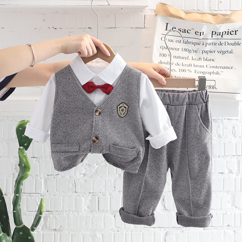 Boys spring and autumn handsome dress Bao boy plaid vest shirt long-sleeved three-piece suit