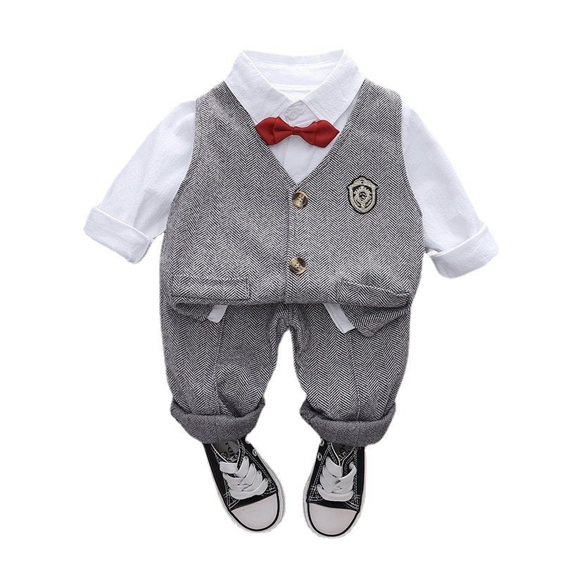 Boys spring and autumn handsome dress Bao boy plaid vest shirt long-sleeved three-piece suit