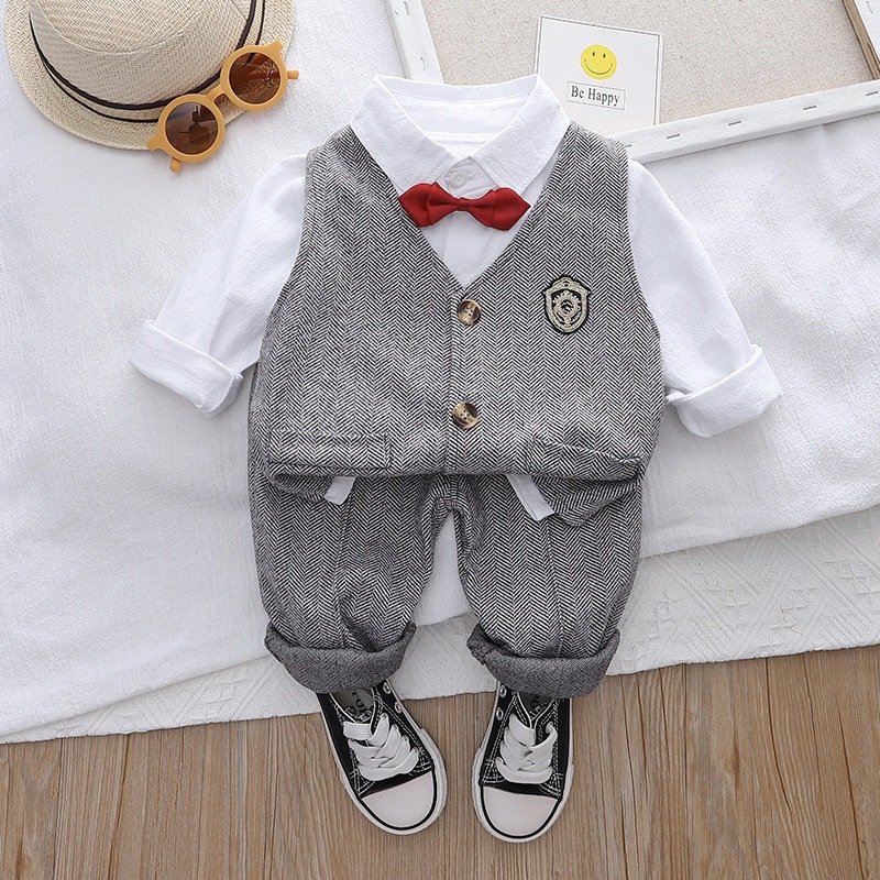Boys spring and autumn handsome dress Bao boy plaid vest shirt long-sleeved three-piece suit