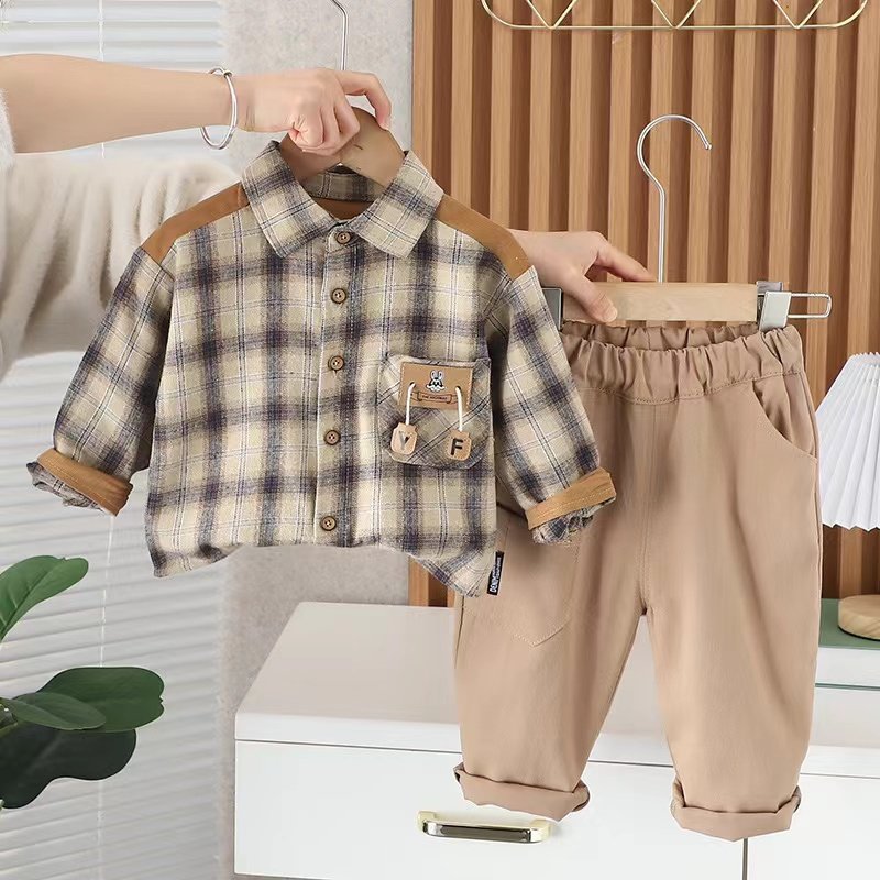 Wholesale of 2024 New Baby Shirts Checkered Spring Clothing Children's Spring and Autumn Two piece Set