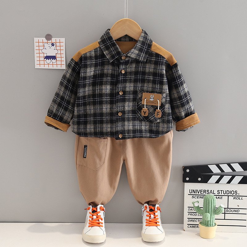 Wholesale of 2024 New Baby Shirts Checkered Spring Clothing Children's Spring and Autumn Two piece Set