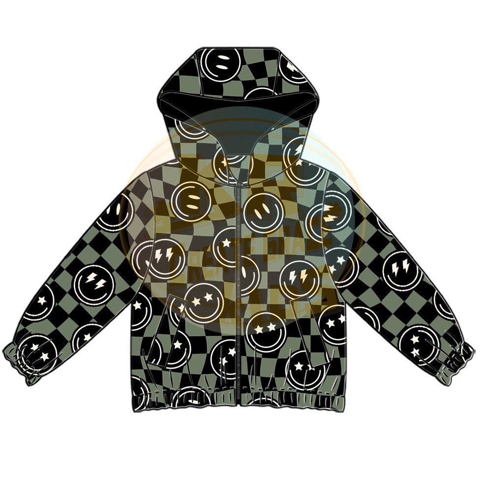 KERUI Custom Kids Clothing Checkered Leaf Smiley Coat Windproof Hooded Zipper Casual Cool Unisex Boys Raincoat Waterproof Jacket