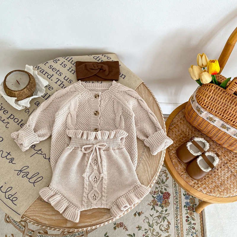 Spring Toddler Twisted Jacquard Knit Long Sleeve Cardigan Infant Knit Pants Baby Boys Girls Clothing Set