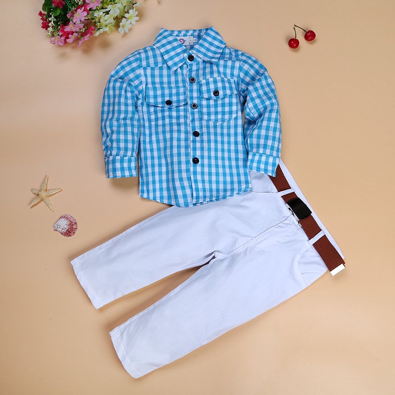 High quality cotton wholesale plaid shirt white pant boutique clothes suit casual wear children kids teen boys clothing
