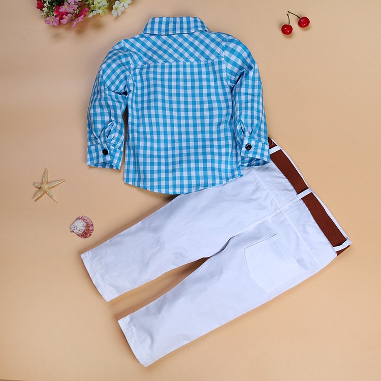High quality cotton wholesale plaid shirt white pant boutique clothes suit casual wear children kids teen boys clothing