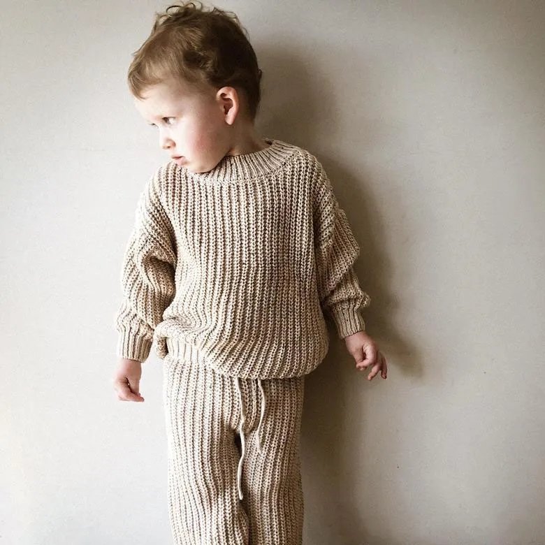 Custom Logo chunky knit oversized baby speckled knitted sweaters 100%cotton thick toddler baby boys girls sweater fall set