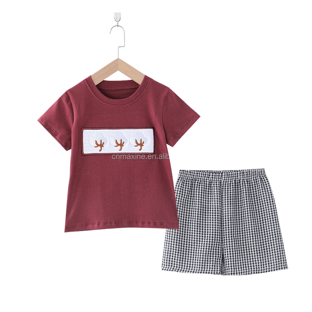 Factory design boys clothing sets farm animal smocked shirt children casual outfits printed shorts for boy