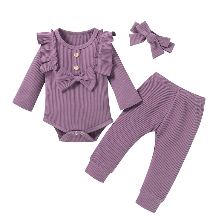 Three Piece Autumn Winter Long Sleeve Romper Pants Pink Baby Girls Clothing Set