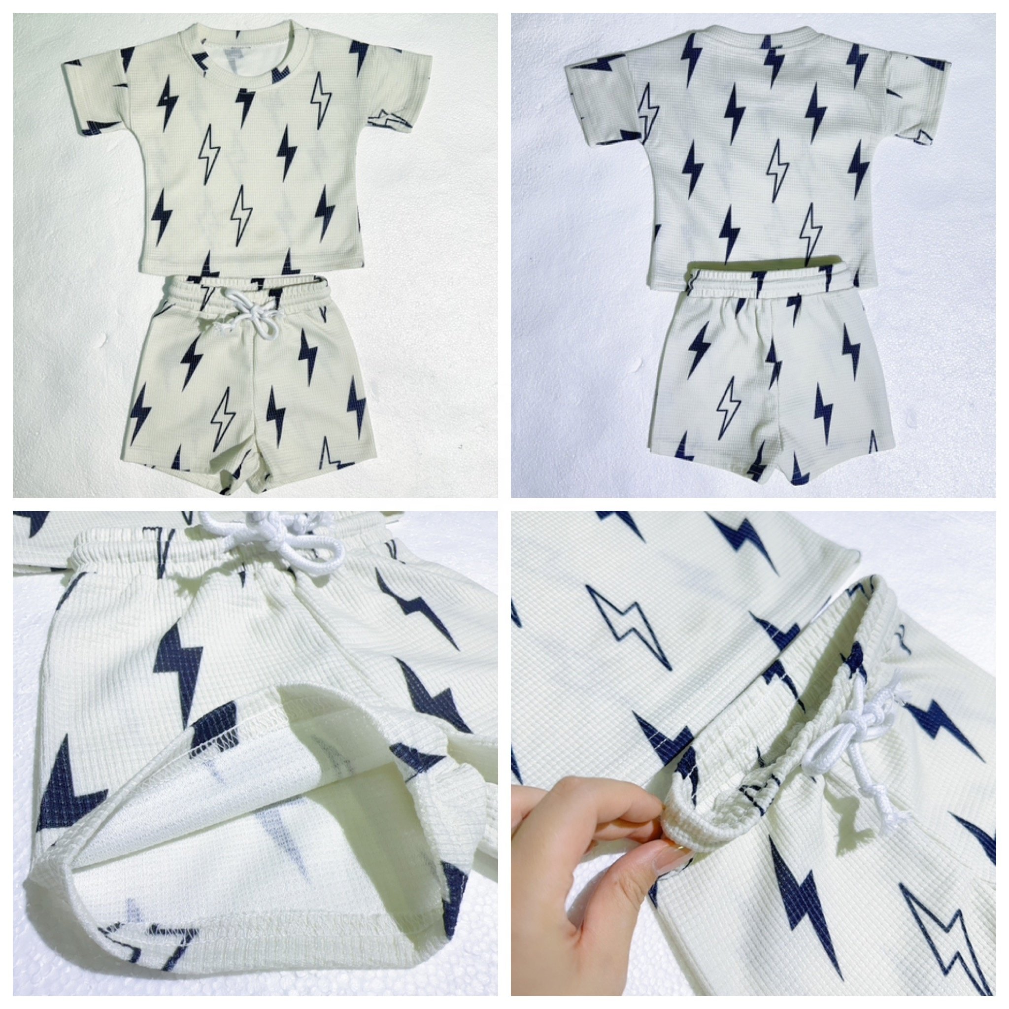 Customized Boy Waffle Fabric Lightening Print Kids Baby Drawstring Shorts Set T-shirt Tops 2 Pcs Summer Outfits