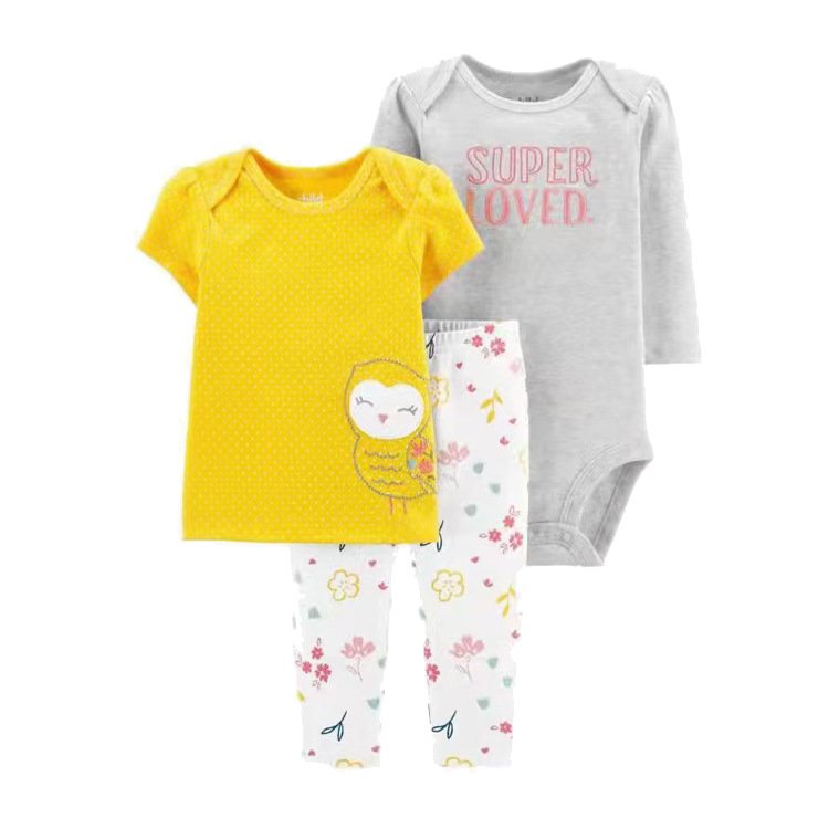 100% Cotton Three-Piece Newborn Suit for Boy or Girl Unisex Fashion-Style Short/Long Sleeve Onesie Romper Set for Summer