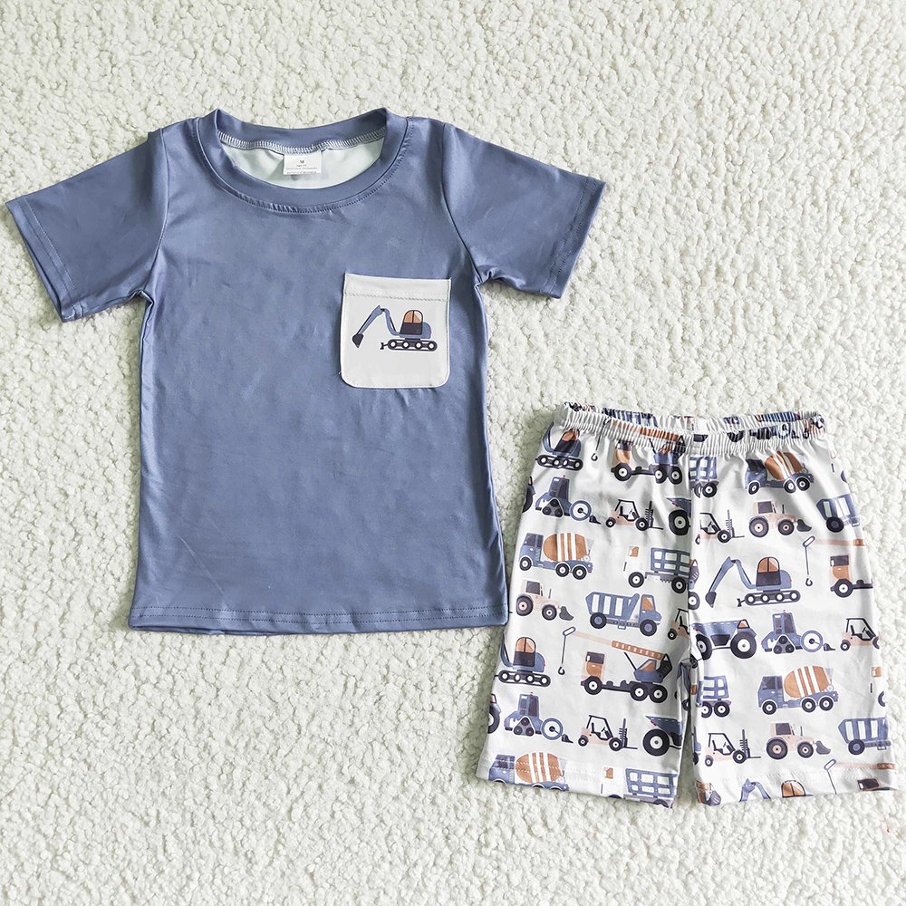 New Design Baby Boy Clothes Fashion Kids Designer Clothes Boys Outfits Fire Truck Print Summer Toddler Boys Clothing Short Sets