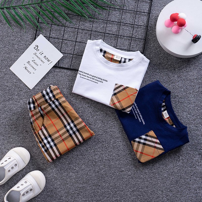 2023 6m- 5t toddler boys plaid color block short sleeve t shirt and plaid shorts sets sets