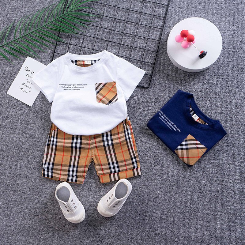 2023 6m- 5t toddler boys plaid color block short sleeve t shirt and plaid shorts sets sets