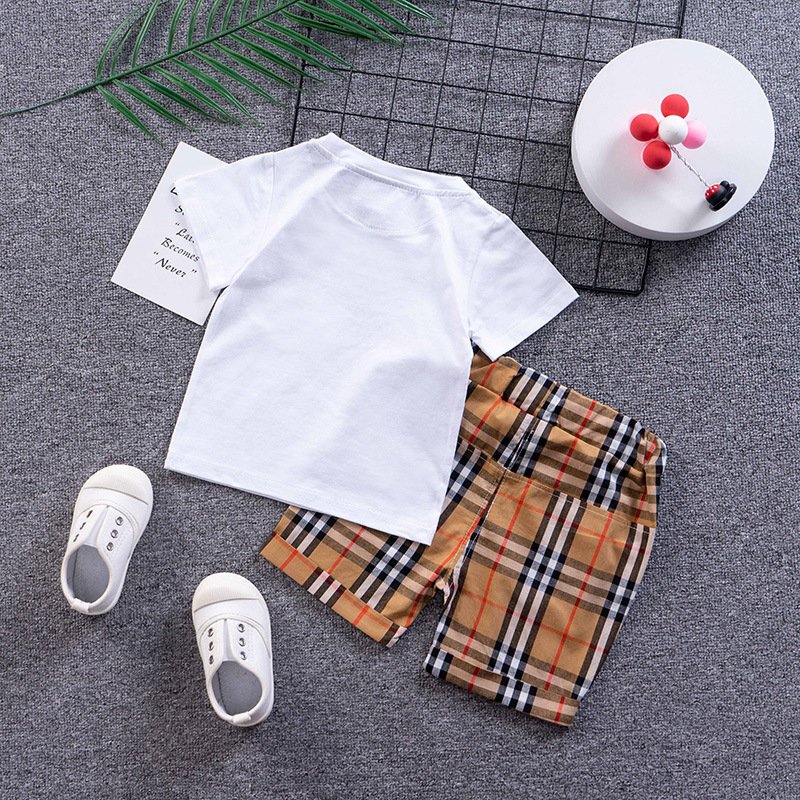 2023 6m- 5t toddler boys plaid color block short sleeve t shirt and plaid shorts sets sets