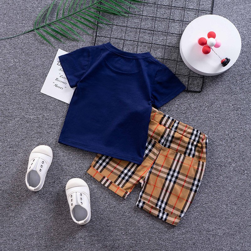 2023 6m- 5t toddler boys plaid color block short sleeve t shirt and plaid shorts sets sets