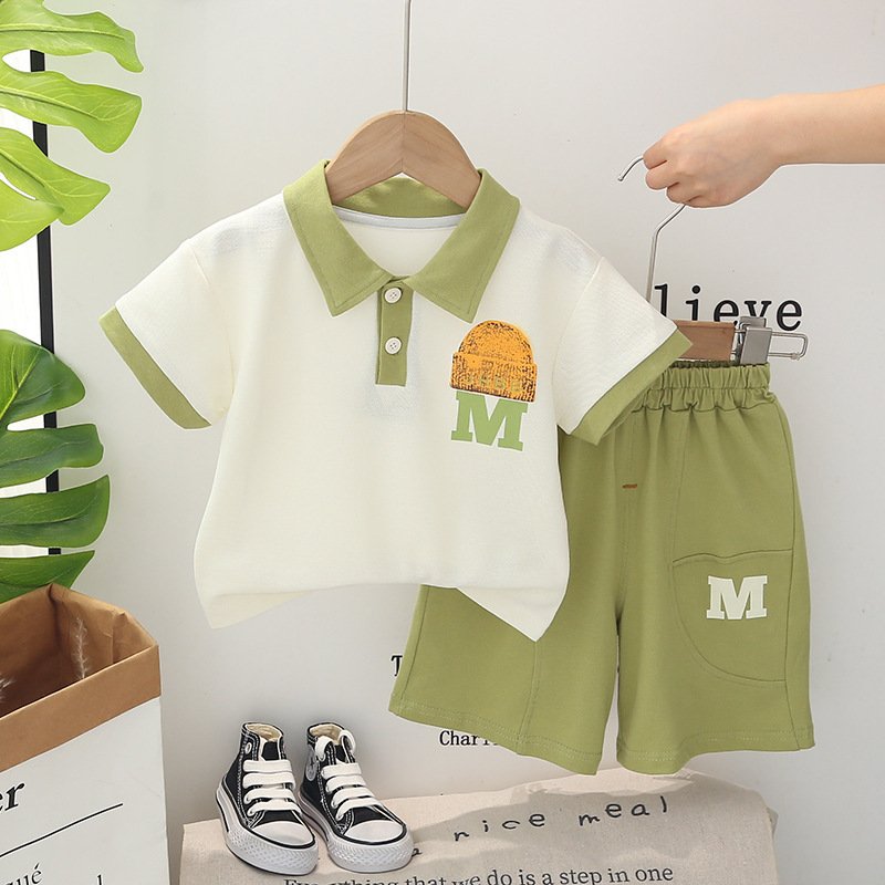 2024 new fashion button-down collared POLO children's short-sleeved shirt and shorts two children's clothing set