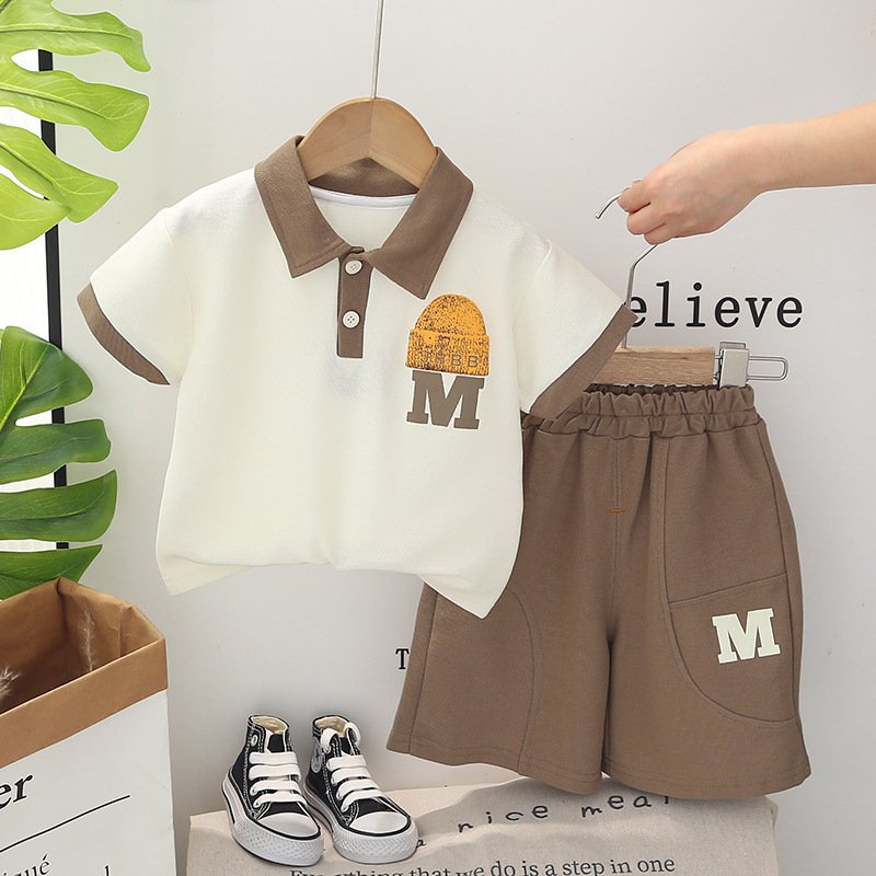 2024 new fashion button-down collared POLO children's short-sleeved shirt and shorts two children's clothing set