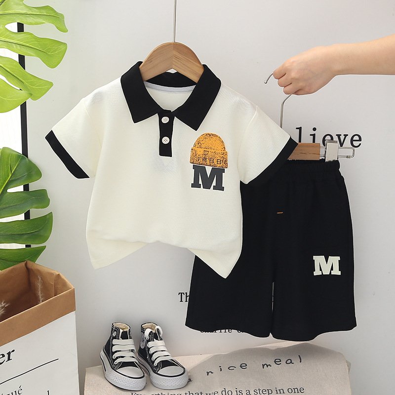 2024 new fashion button-down collared POLO children's short-sleeved shirt and shorts two children's clothing set