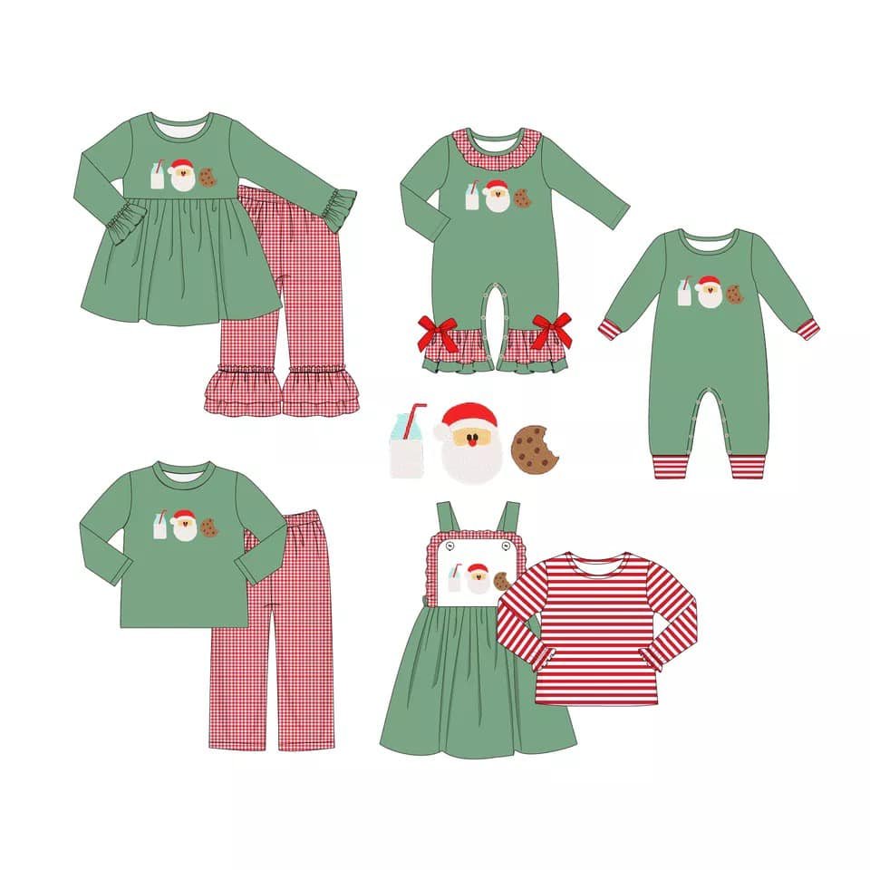 Custom Christmas Children Clothes Milk Santa Cookie Embroidery outfits Boutique Winter Girl Boy Siblings Match Clothing