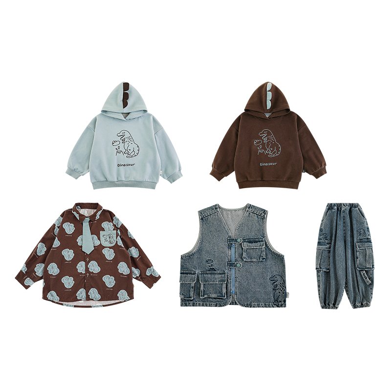 YOEHYAUL N5349 Dinosaur Series 5 Pieces Baby Boy Clothing Set Casual Denim Vest Jeans Hoodie Shirt Boy Child Outfit